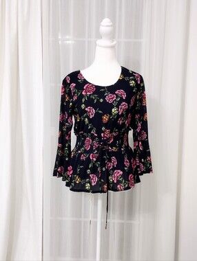 Ember Sz L Women’s Floral Tie-Waist Top - Navy Blue with Pink Roses